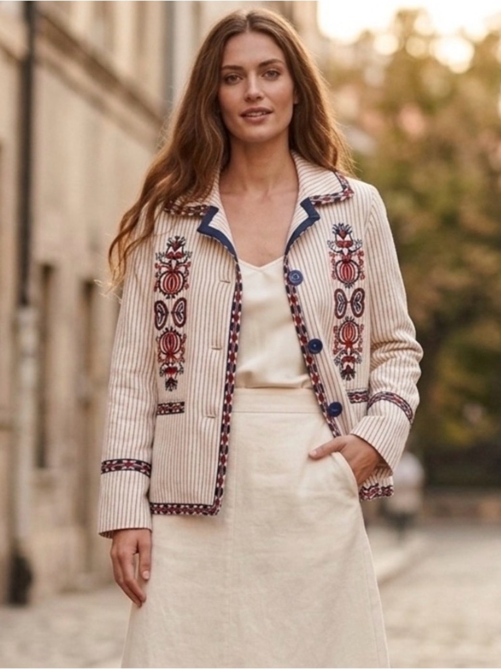 Max Studio London Natalie Embroidered Blazer Cotton Jacket L Boho Folk Western